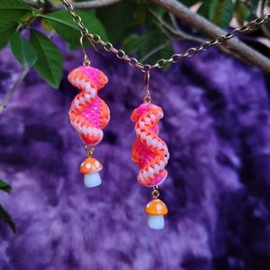 Orange Pink Zigzags w Mushroom Charms - Handmade Lanyard / Scoobidou Earrings